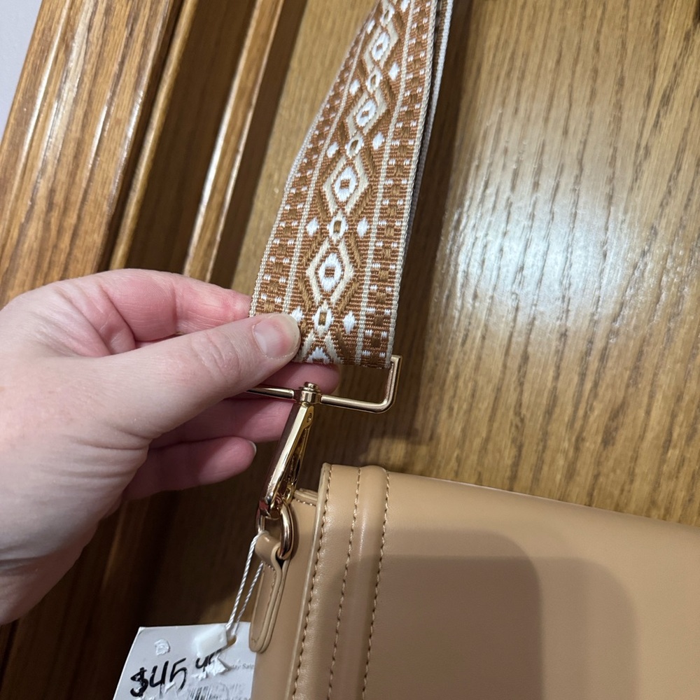 Tan Crossbody Bag with Patterned Strap - Picture 9 of 10